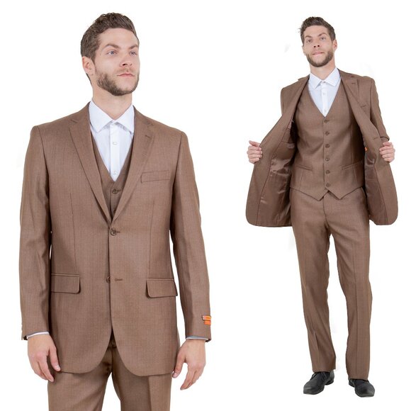 Modern Fit Sharkskin 3pc Men's Suit Set, Toast - Picture 1 of 6